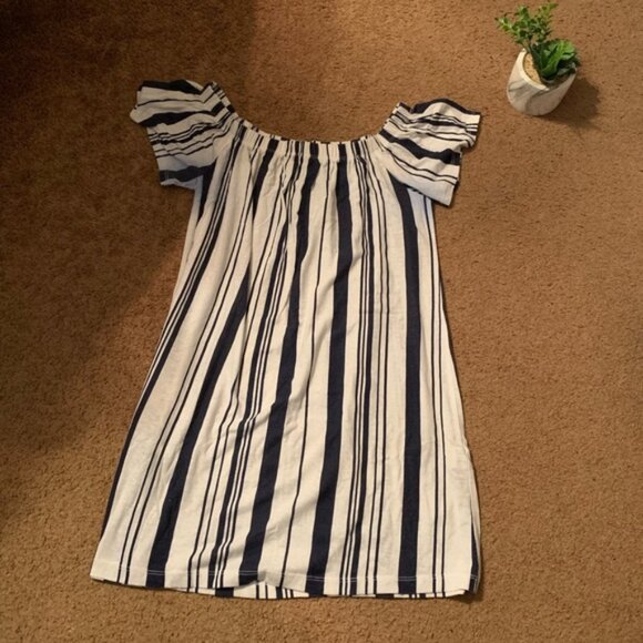 Vintage Nautical Blue White Striped Summer Spring Beach Dress MIDI - Picture 1 of 6